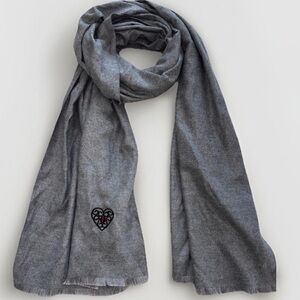 Cashmere Silk Scarf Shawl Gray Soft Wrap with Black Heart Vine Embroidery Gift